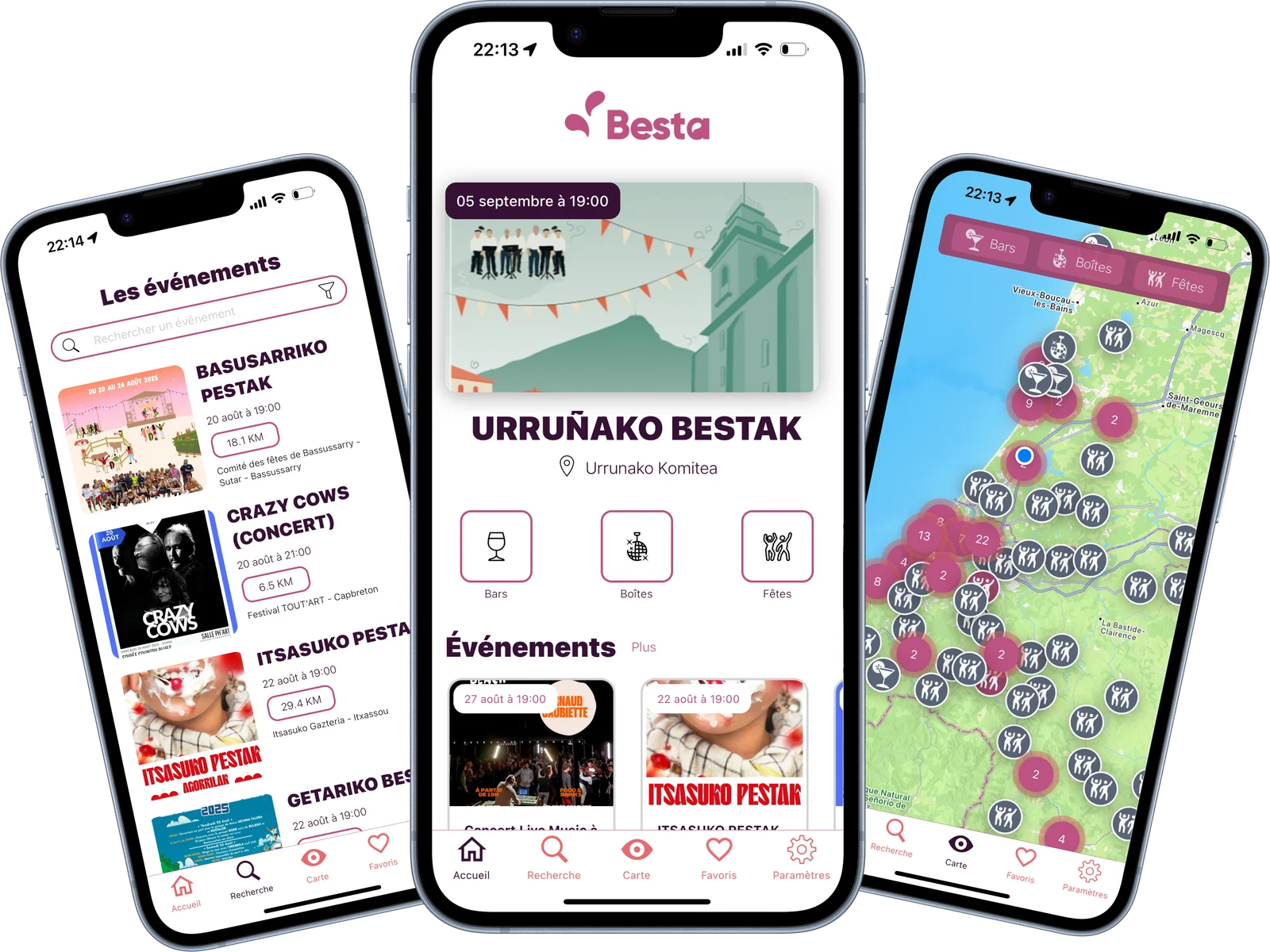 Trois écrans de l'app Besta